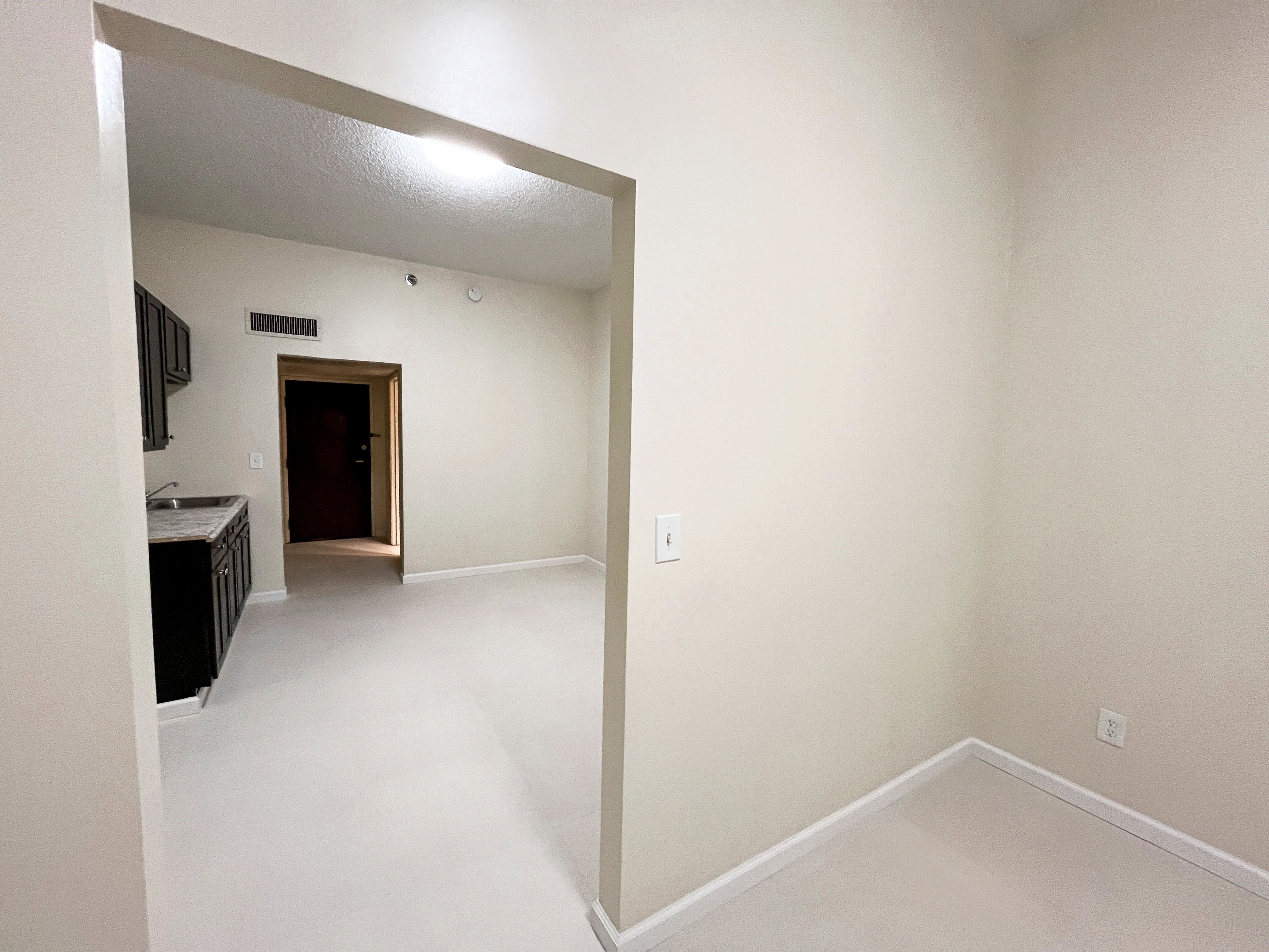 Open apartment living area and kitchenette