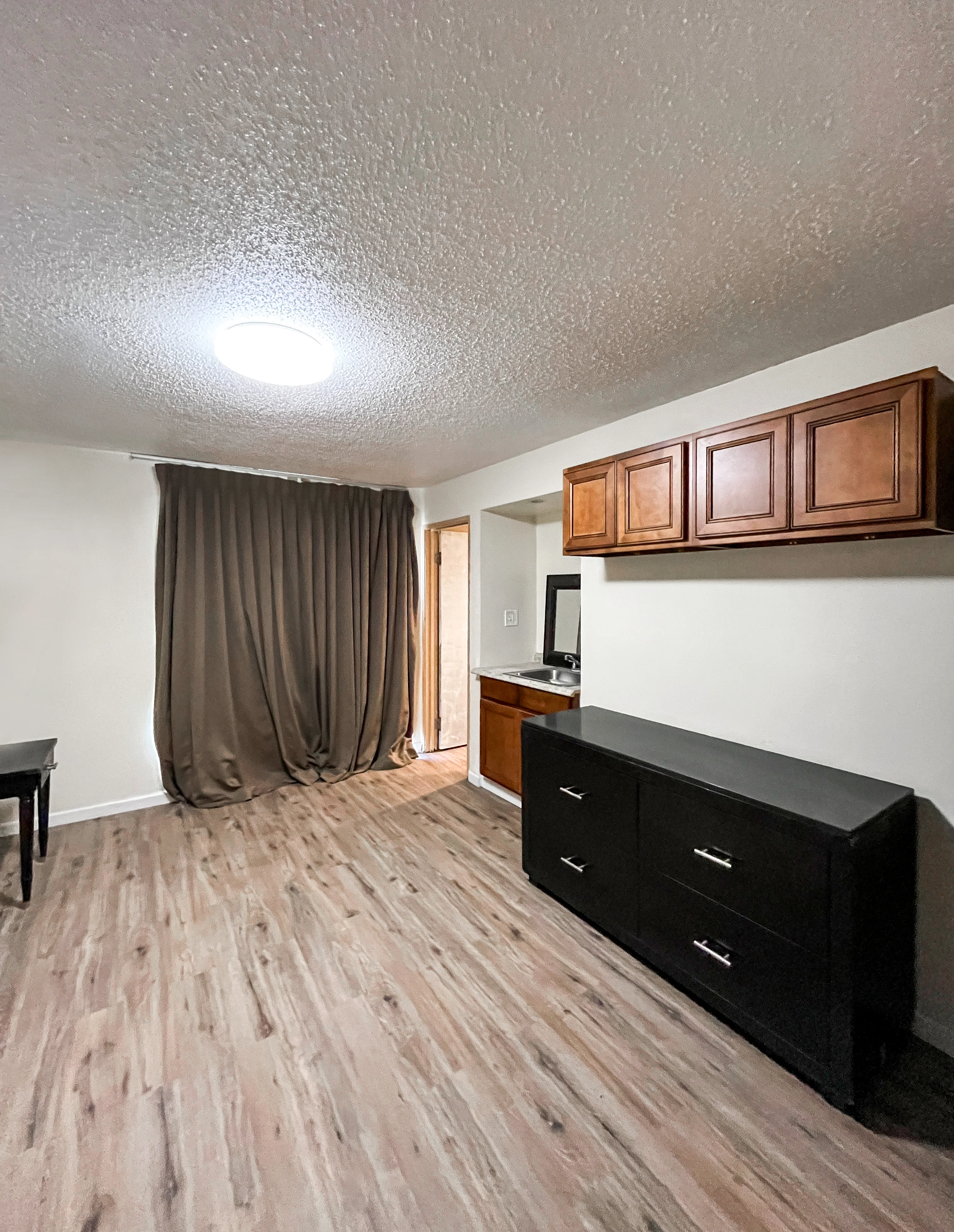 Apartment living area with wood-style flooring and storage
